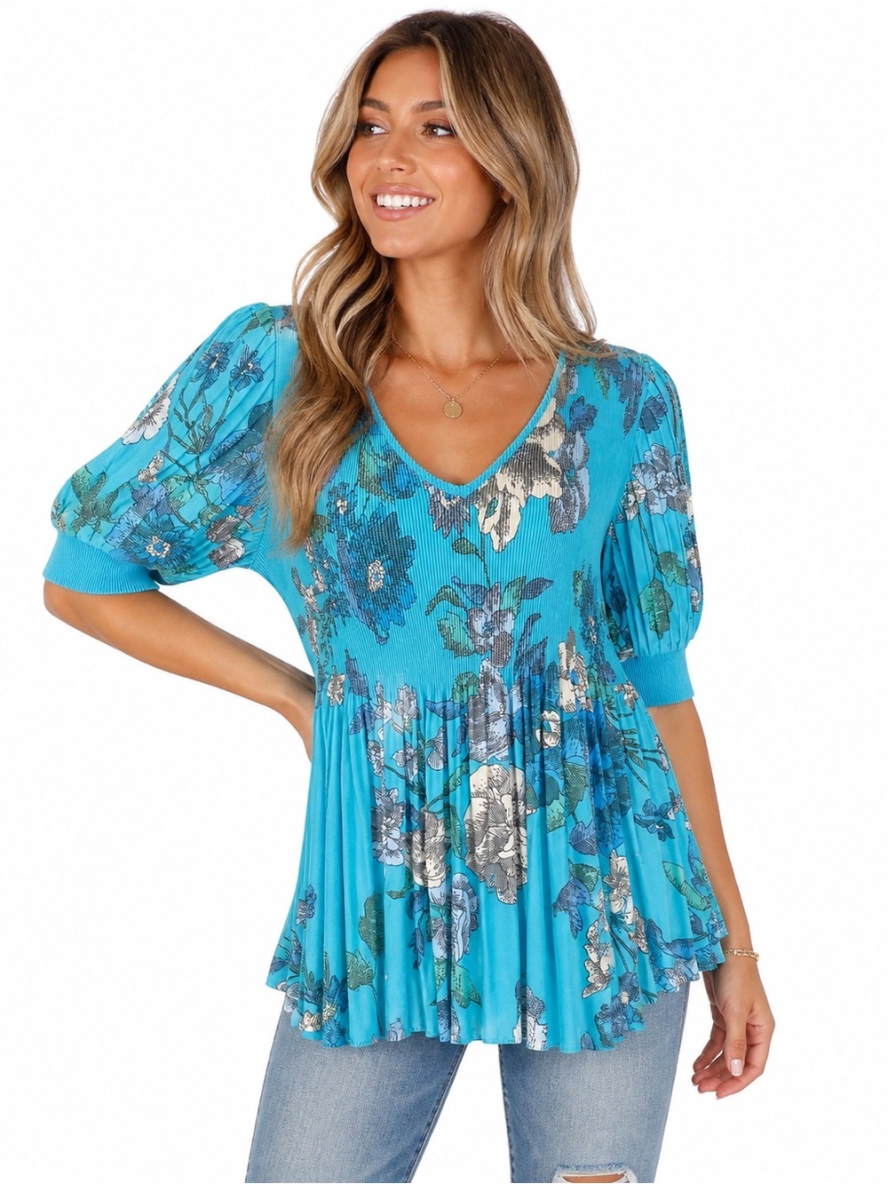 Current Air Floral Plisse Puff Sleeve Babydoll Tunic Top Blue Medium